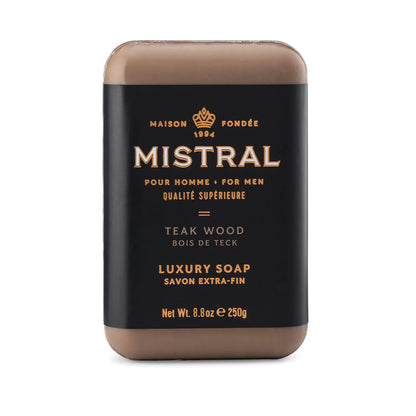 Mistral luxury soap bar with black packaging on a white background