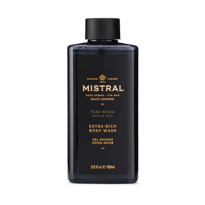 Mistral Extra-Rich Body Wash bottle with black label on a white background