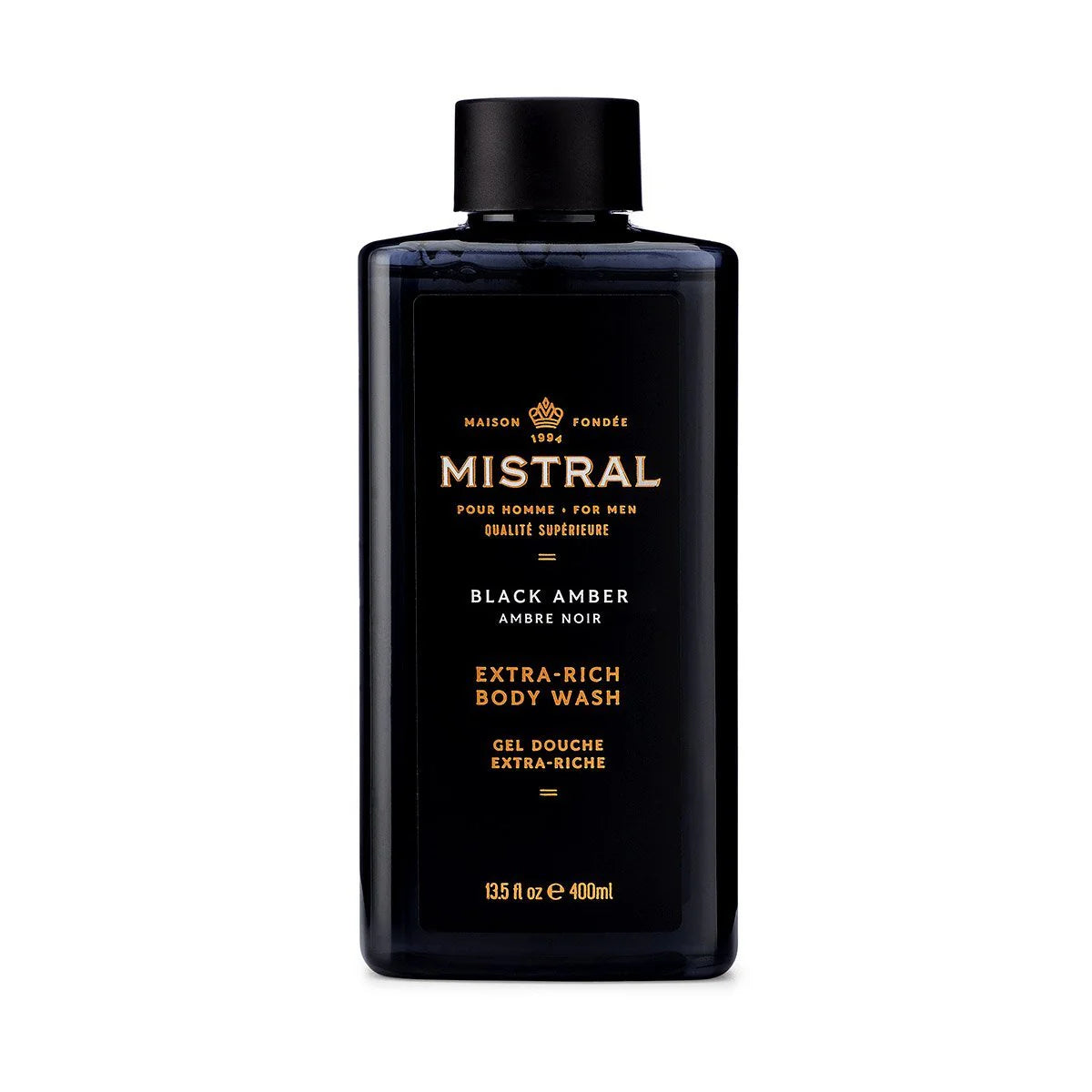Mistral Black Amber body wash bottle on a white background