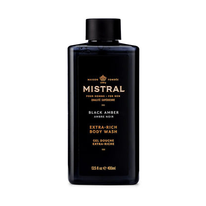 Mistral Black Amber body wash bottle on a white background