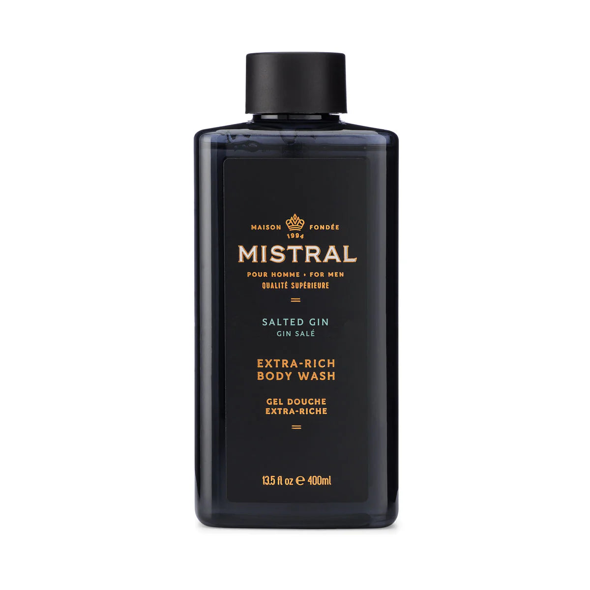 Mistral Salted Gin Extra-Rich Body Wash bottle on a white background