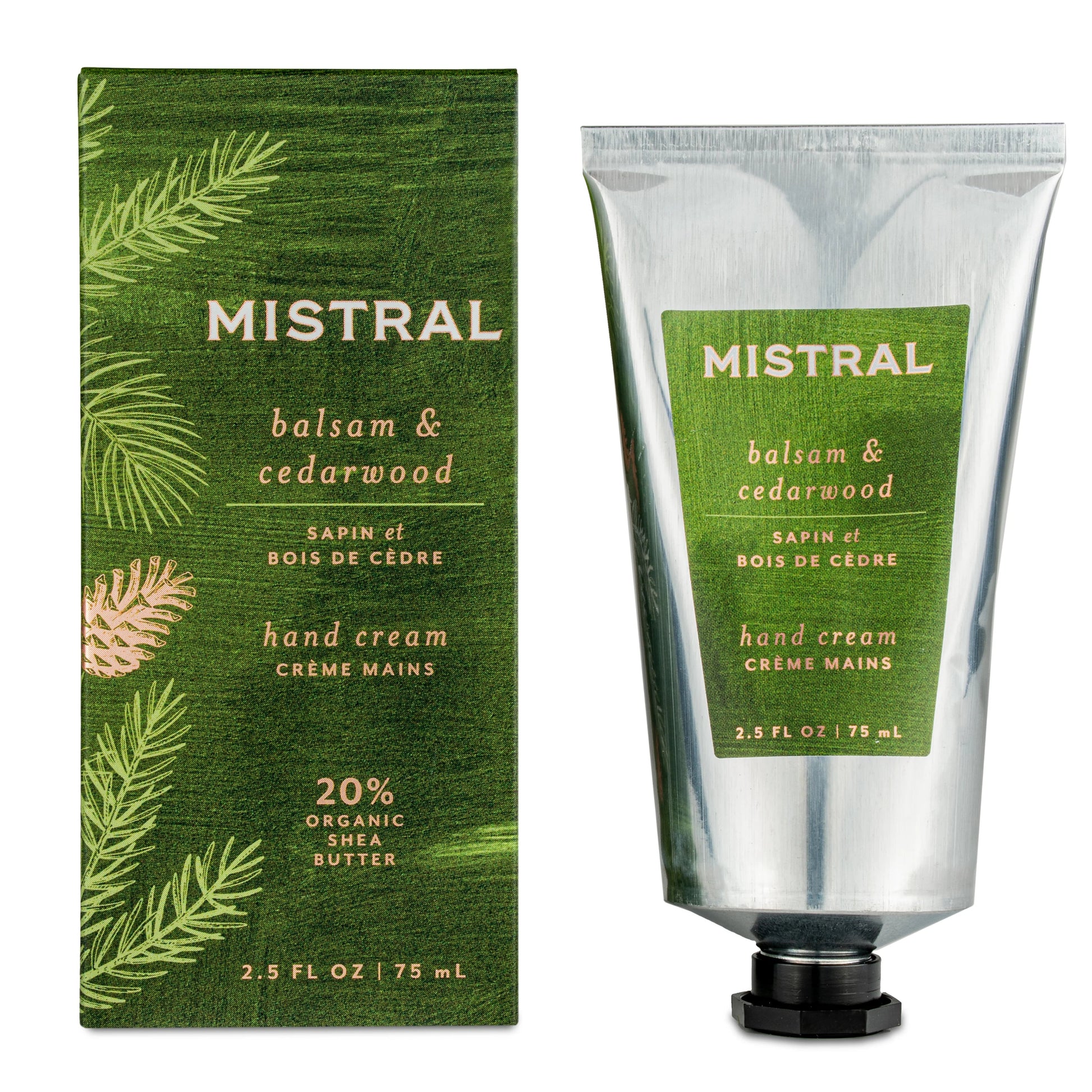 Mistral balsam & cedarwood hand cream packaging with green label and leaf design.