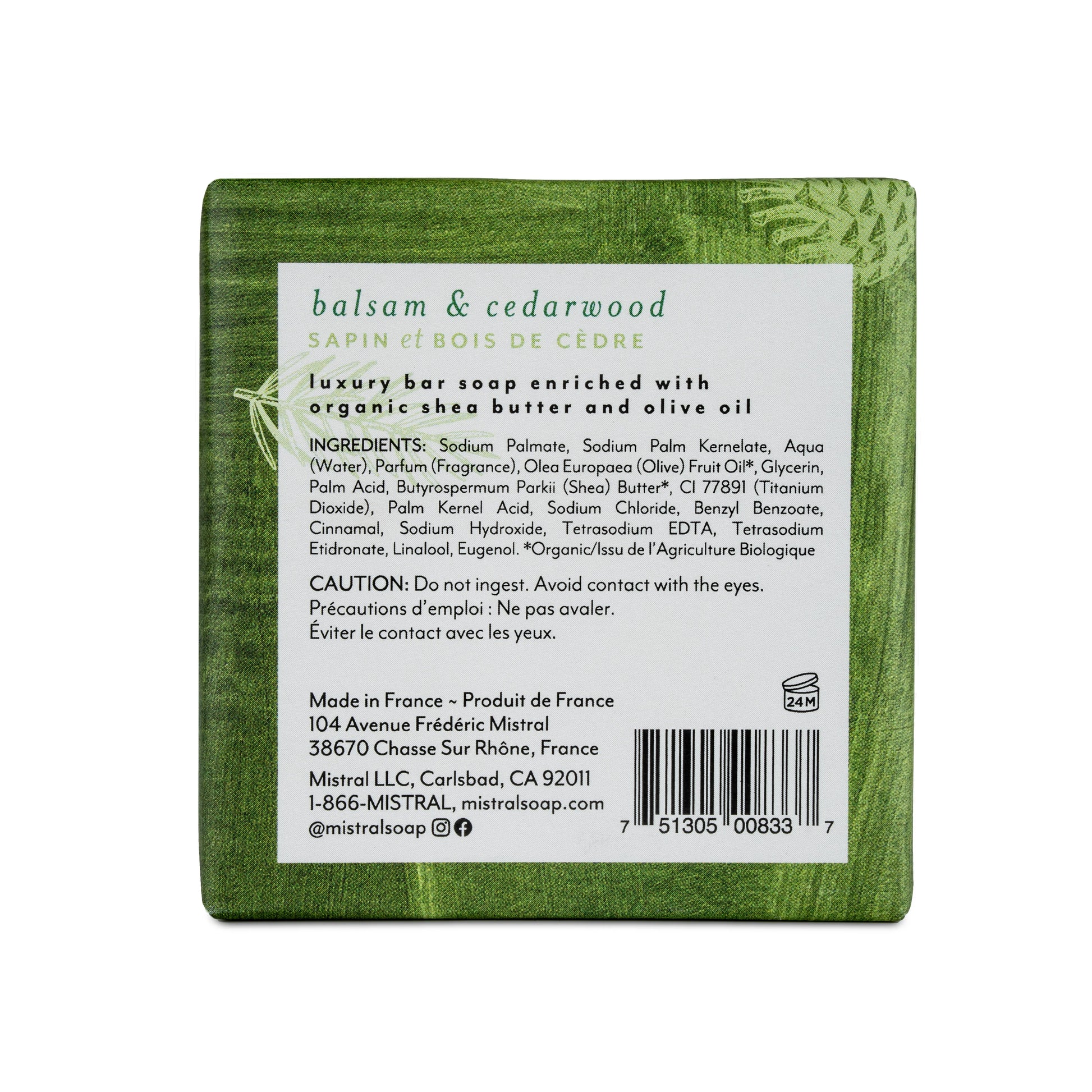 Mistral luxury bar soap, with balsam & cedarwood ingredients list