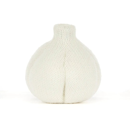 A white knit garlic-shaped decorative object, shown against a plain white background.