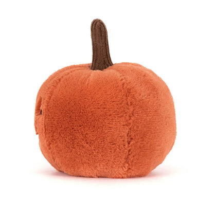 Plush pumpkin toy with a brown stem on a white background