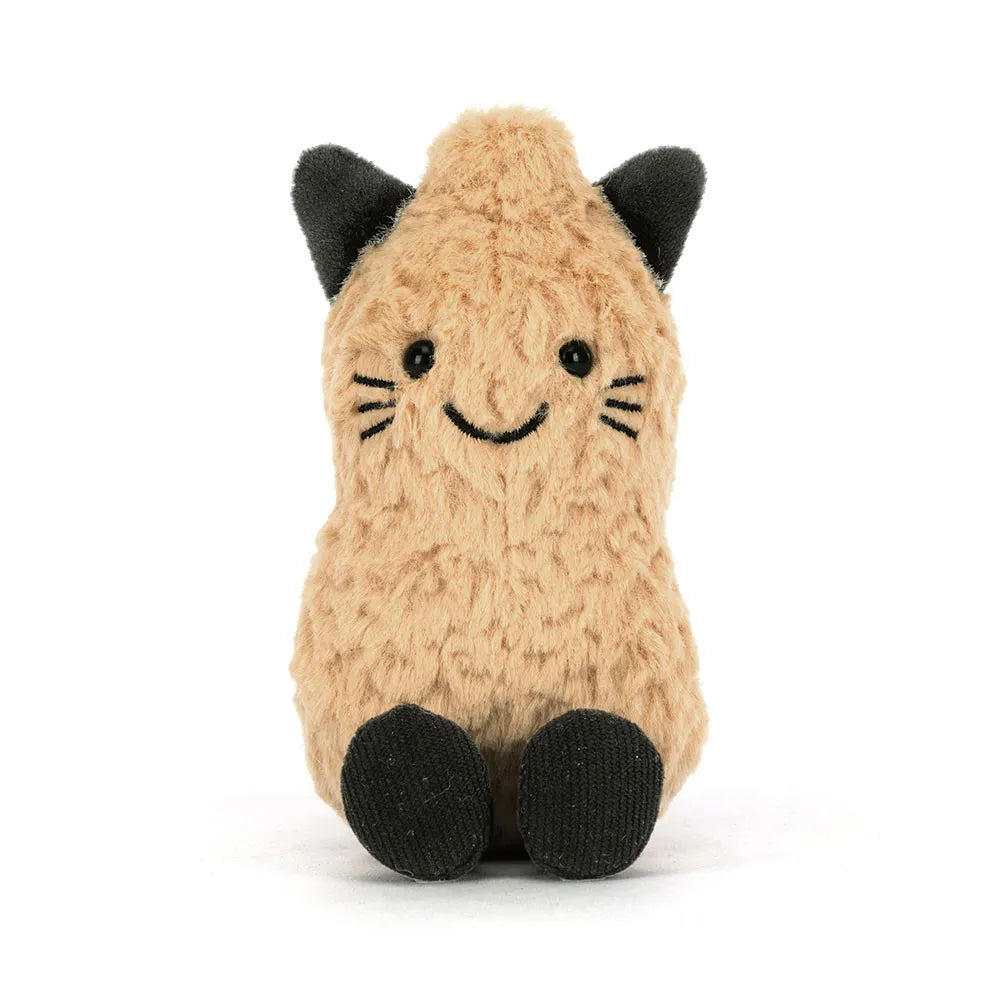 Plush peanut toy wearing a cat costume with black accents on a white background