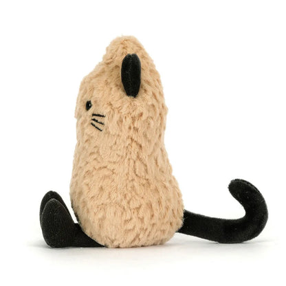 Plush toy peanut wearing a cat costume on a white background