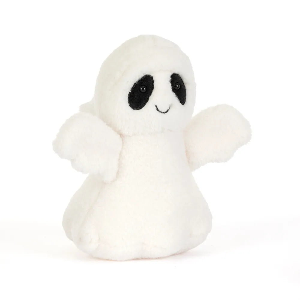 A small white plush ghost toy with black embroidered eyes and a simple stitched smile, shown against a plain white background.