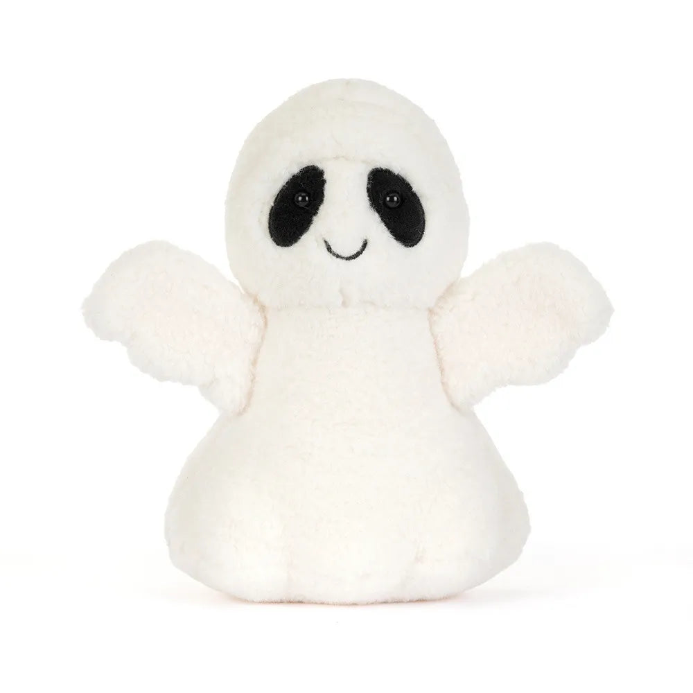 A small white plush ghost toy with black embroidered eyes and a simple stitched smile, centered on a clean white background.