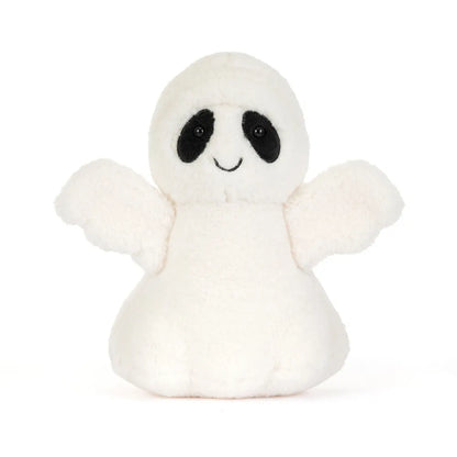 A small white plush ghost toy with black embroidered eyes and a simple stitched smile, centered on a clean white background.