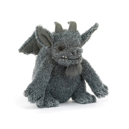 A plush gray gargoyle toy with small horns, folded wings, and a soft furry texture, photographed on a clean white background.