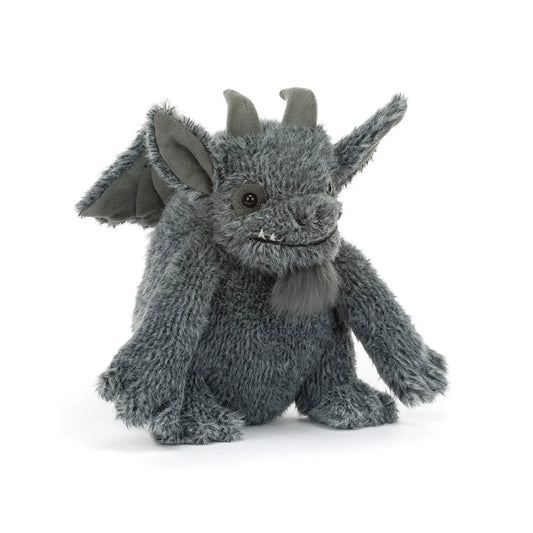 A plush gray gargoyle toy with small horns, folded wings, and a soft furry texture, photographed on a clean white background.