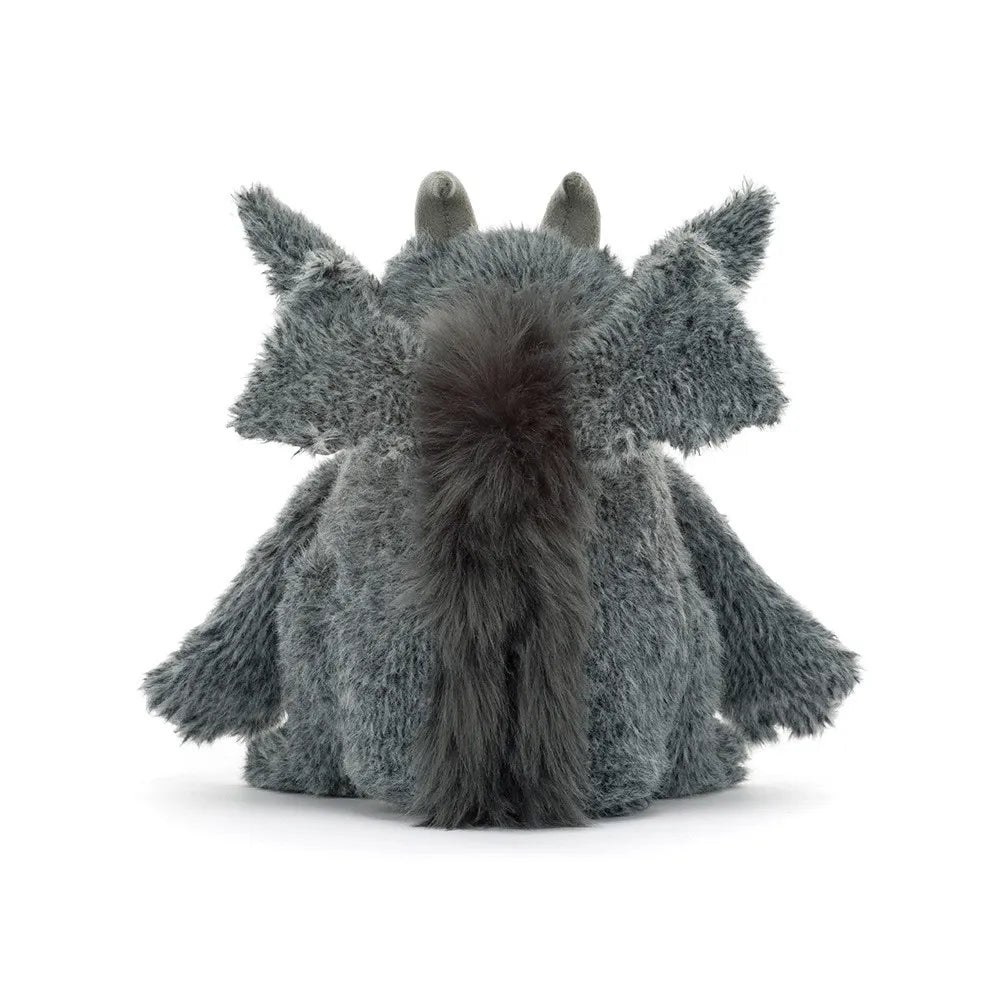 A gray plush gargoyle toy shown from the back, featuring fluffy textured fur, small horns, and wings, photographed on a clean white background.
