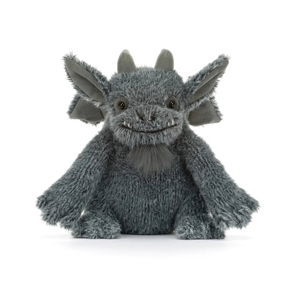 A plush gray gargoyle toy with large pointed ears, small horns, and a soft furry texture, photographed against a clean white background. 