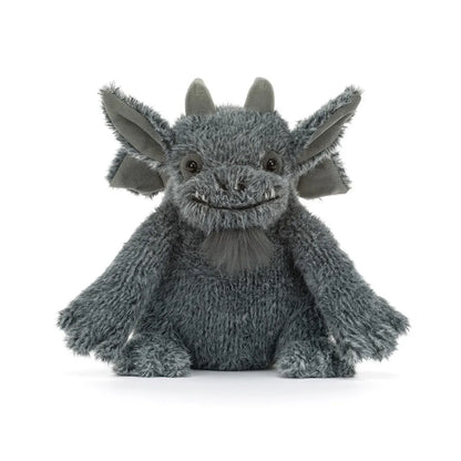 A plush gray gargoyle toy with large pointed ears, small horns, and a soft furry texture, photographed against a clean white background. 