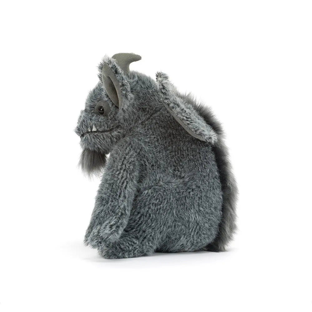 A gray plush gargoyle toy, shown from the side on a clean white background.