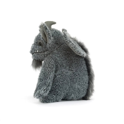 A gray plush gargoyle toy, shown from the side on a clean white background.