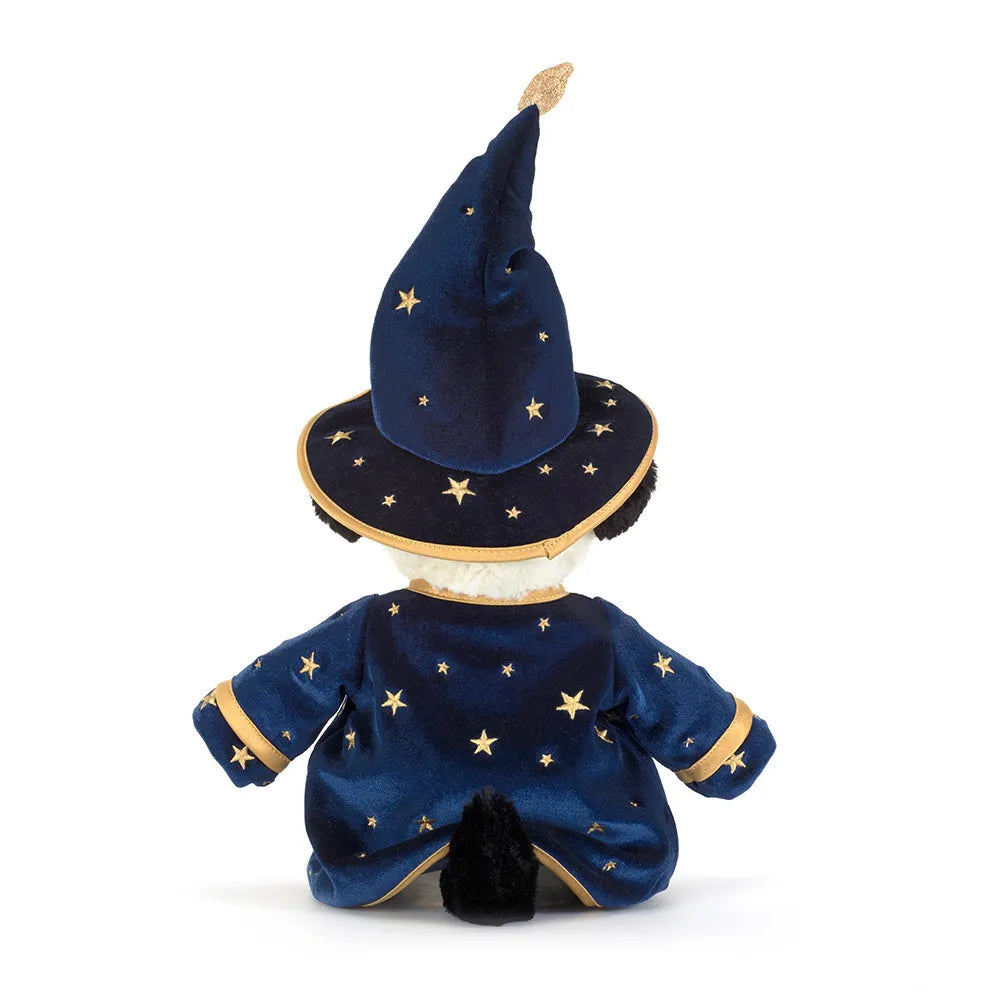 A dog stuffed animal shown from the back, wearing a dark blue wizard costume with gold star details and a matching pointed hat on a white background.