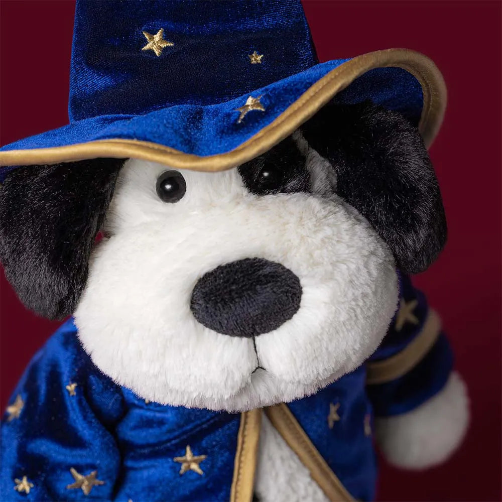 A plush dog stuffed animal dressed as a wizard, wearing a blue velvet hat and matching robe with gold star details, photographed against a dark red background.