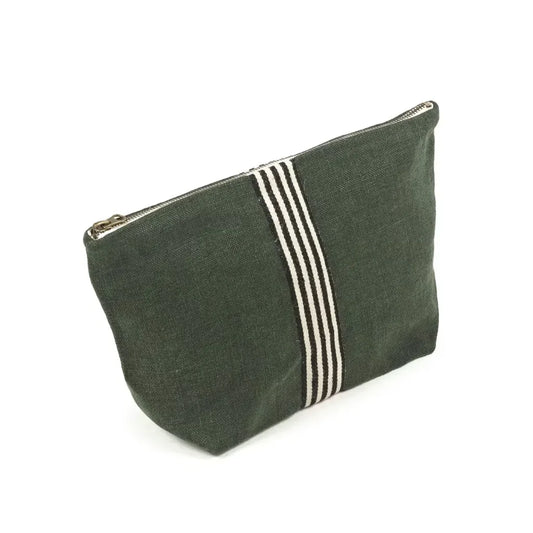 An olive green canvas zippered pouch with three vertical white stripes on the front, photographed on a clean white background.