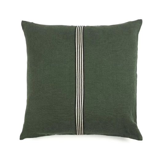A square dark green throw pillow with a vertical stripe detail down the center, featuring thin black and white stripes, shown on a plain white background.