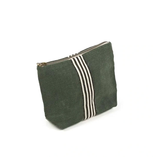 An olive green canvas zippered pouch with three vertical cream-colored stripes on the front, shown on a plain white background.