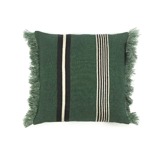 A square green throw pillow with fringed edges and vertical stripe patterns in black and cream, shown against a plain white background.