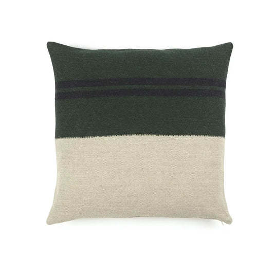 A square throw pillow with a color-blocked design, featuring a dark forest green top section with two thin horizontal black stripes, and a large cream-colored bottom half.
