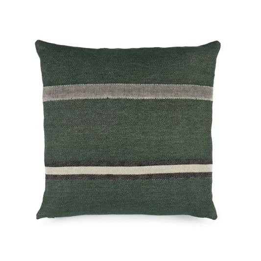 A square throw pillow in dark green woven fabric with two horizontal stripes in gray and off-white, shown against a plain white background.