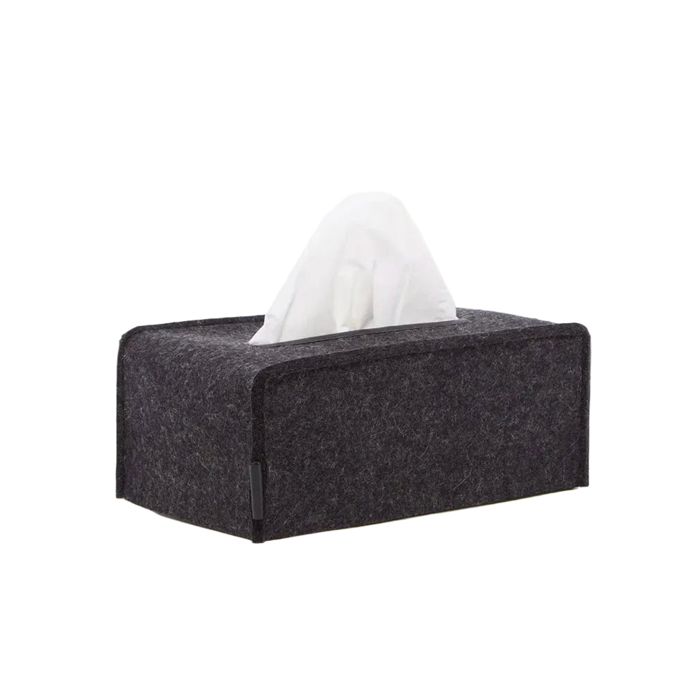 A rectangular charcoal black tissue box cover with a subtle texture, designed to fit a standard tissue box.