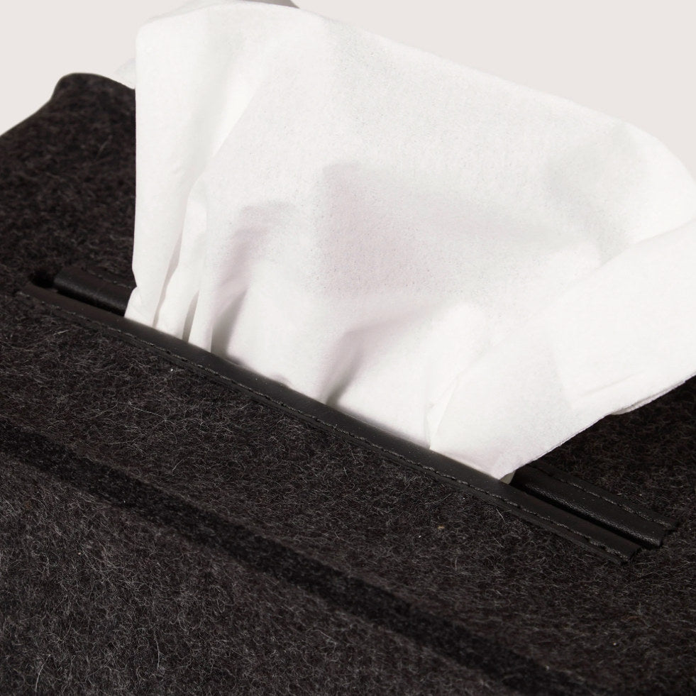 Close-up of graf lantz charcoal merino wool tissue box cover