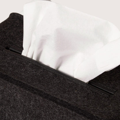 Close-up of graf lantz charcoal merino wool tissue box cover