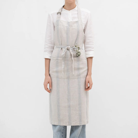 Grey Blue Wide Stripe Rustic Linen Chef Apron