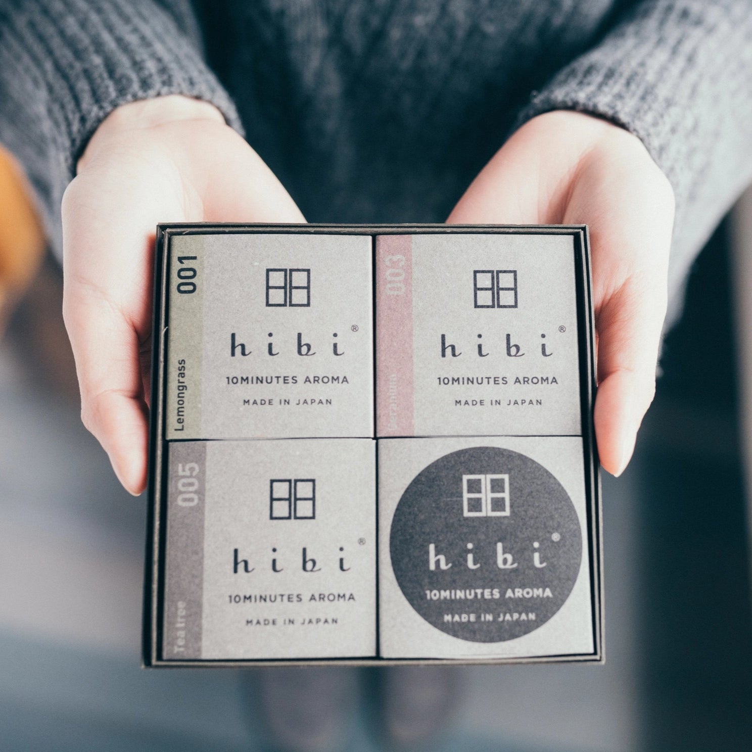hibi Herbal Fragrances gift box, includes Tea Tree, Geranium, and Lemongrass