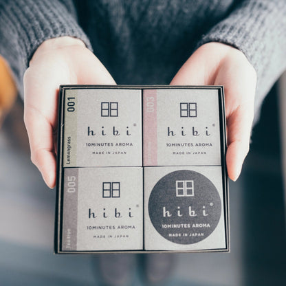 hibi Herbal Fragrances gift box, includes Tea Tree, Geranium, and Lemongrass