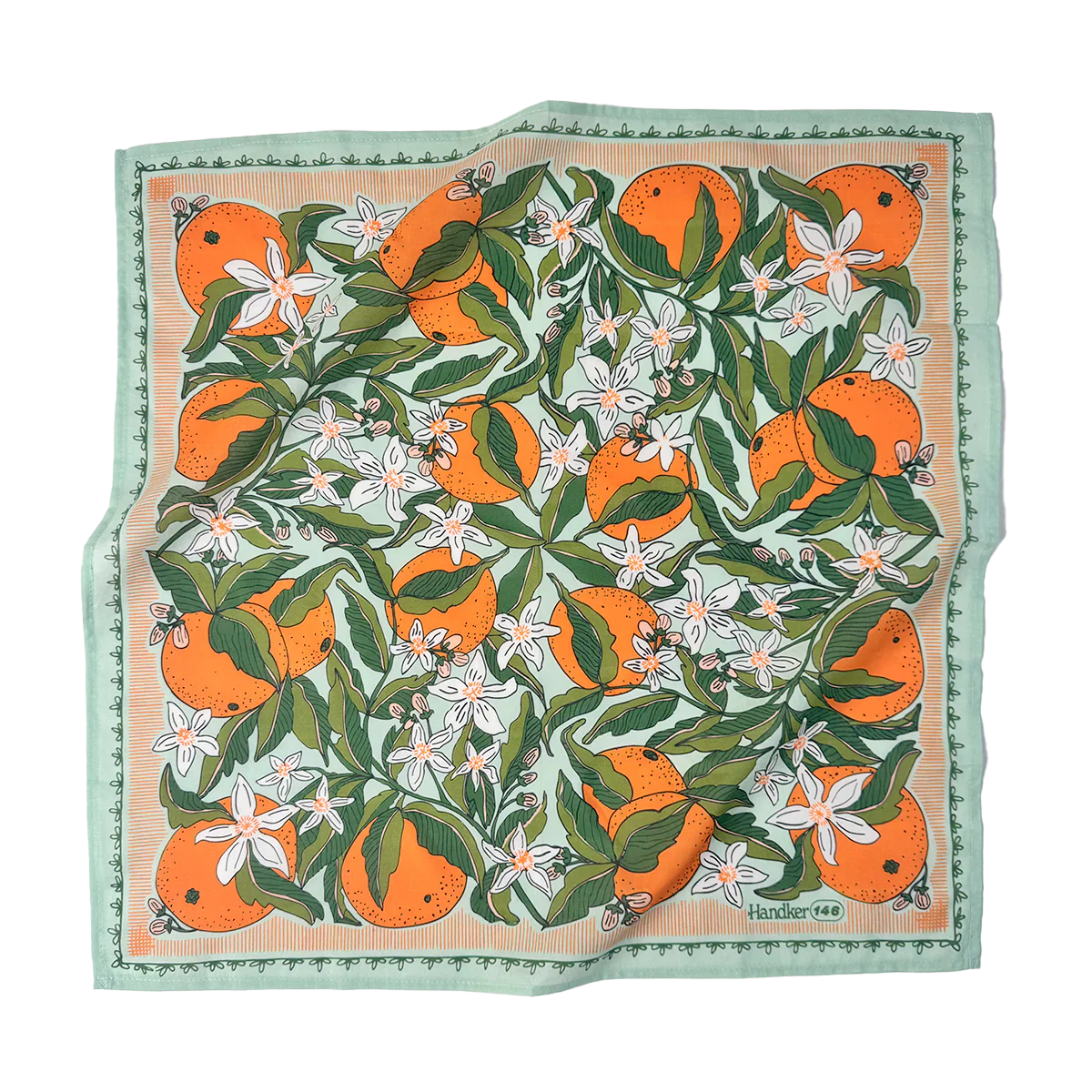 Square scarf with orange and floral pattern on a white background