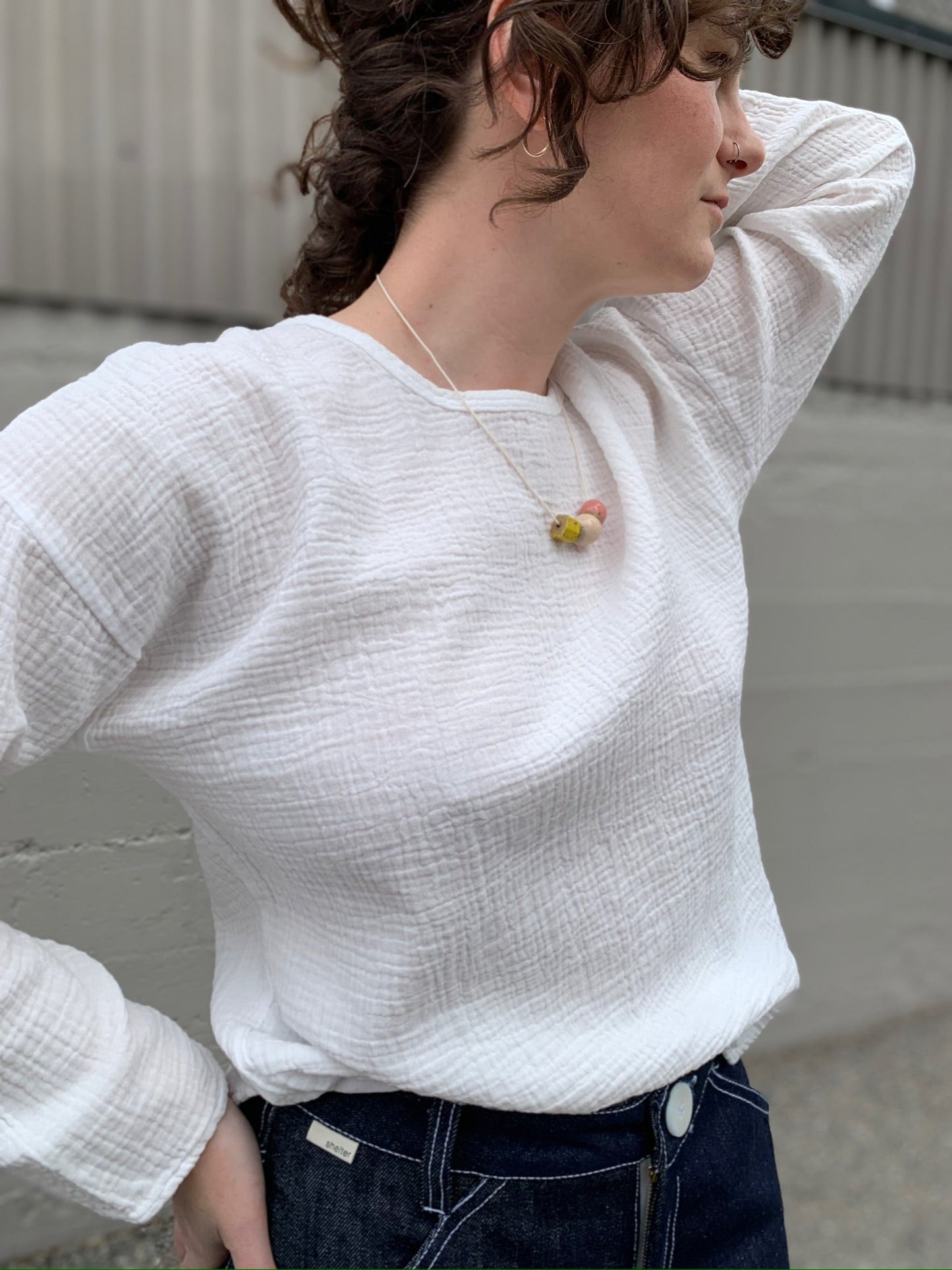 Organic Gauze Long Sleeve Top in Salt