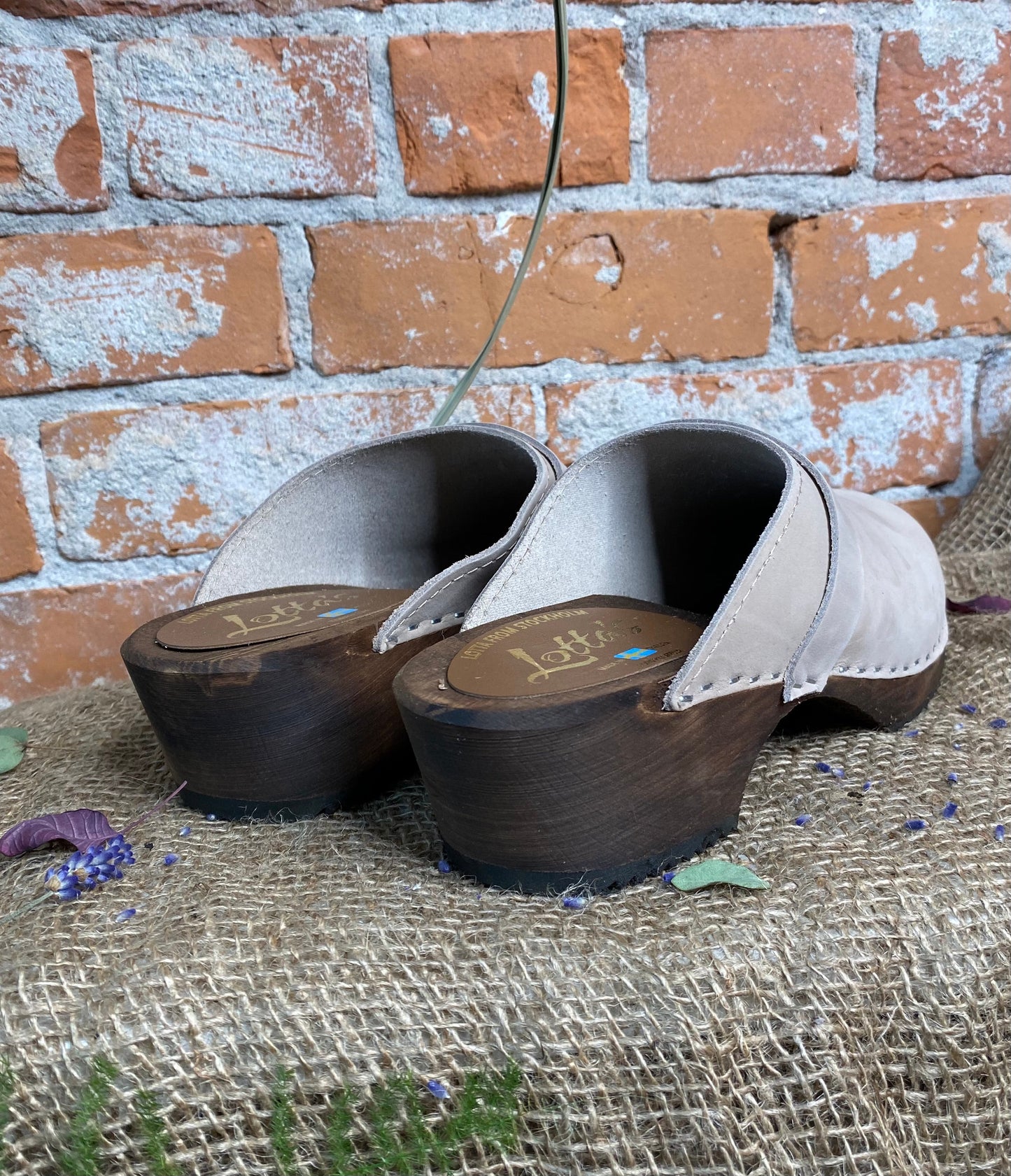 Lotta from Stockholm Classic Oatmeal Nubuck Clogs on Brown Base