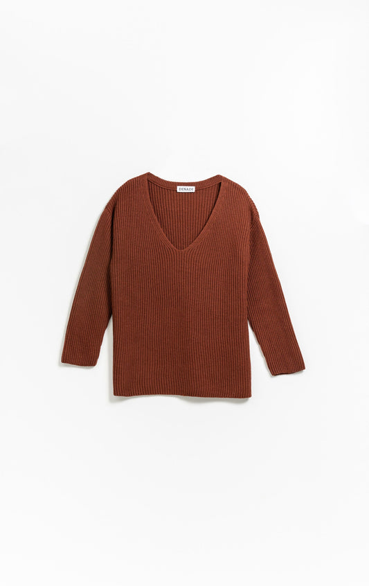Merino V-Neck Rib Sweater in Rust Red - Dinadi