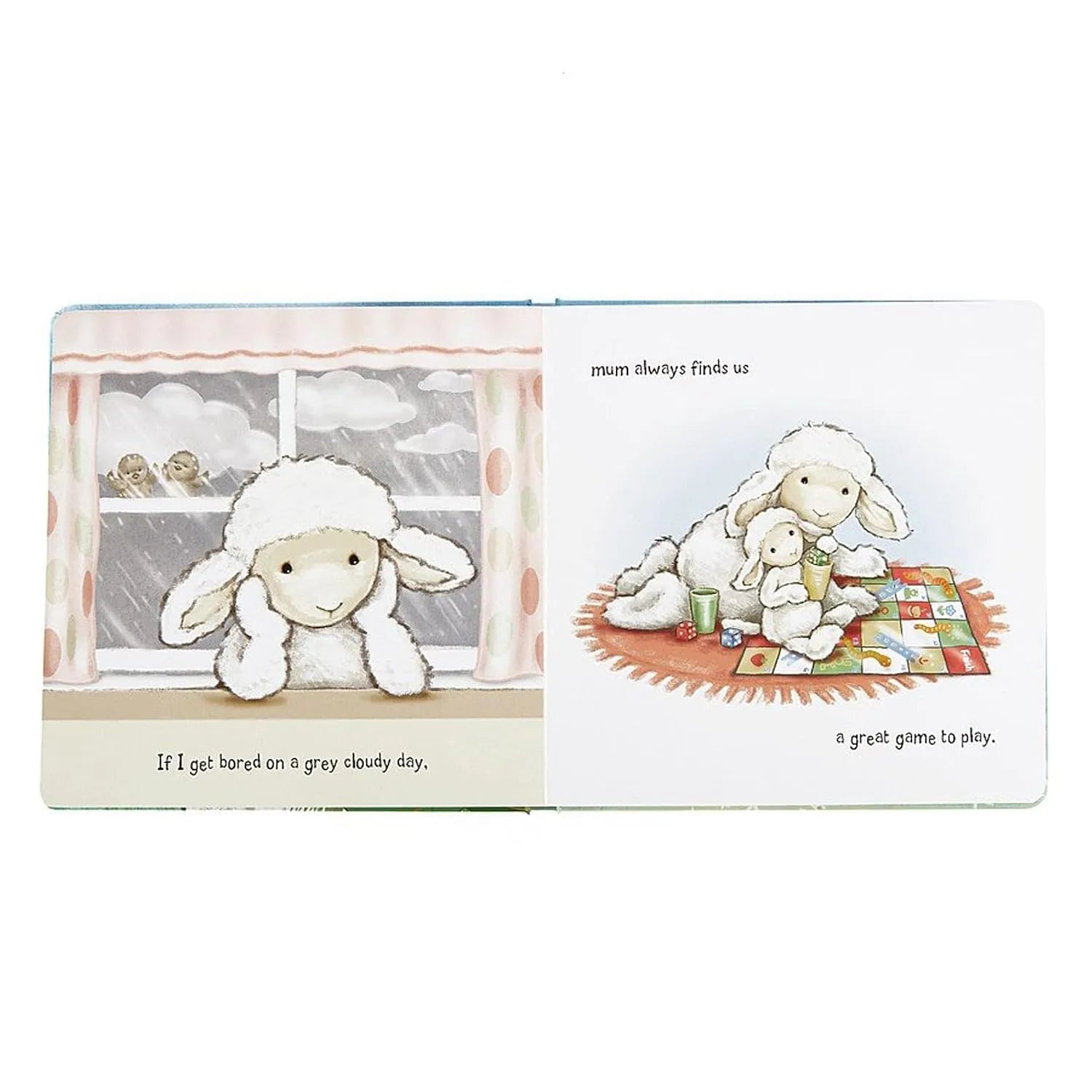 Illustrated book page with a sheep character looking out a window and then playing on a rug.
