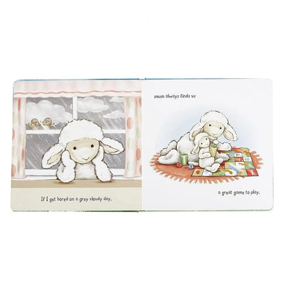 Illustrated book page with a sheep character looking out a window and then playing on a rug.