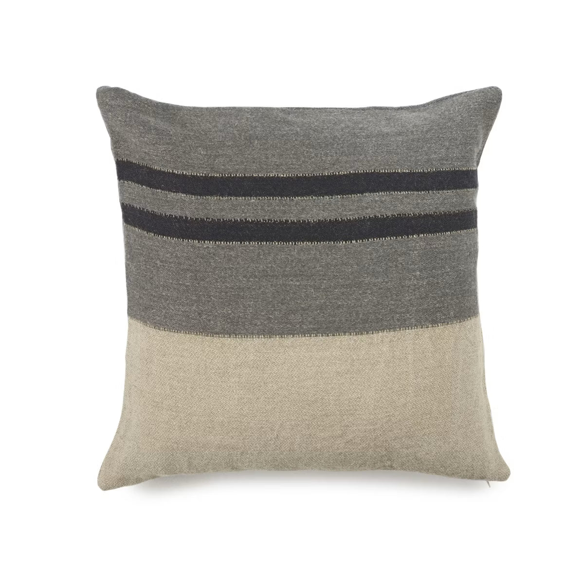 Gray and beige pillow with black stripes on a white background