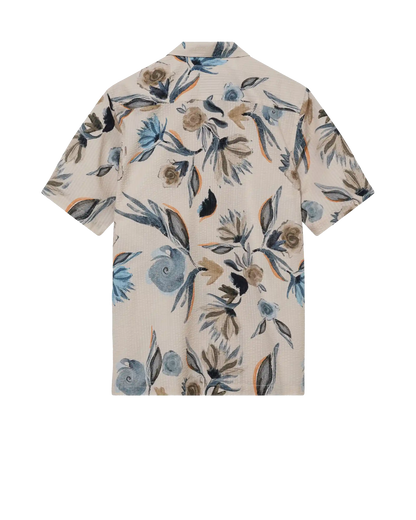 MOS MOSH Gallery Joel Haiku Seer SS Shirt Ecru – men's floral cotton shirt, Canada frontlay back view