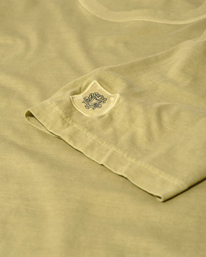 MOS MOSH Gallery Step Faded Short Sleeve T-Shirt in Moss – available in Canada - sleeve detail with MOS MOSH logo