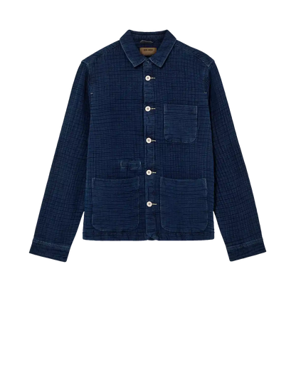 Mos Mosh Dobby Indigo Jacket Blue corduroy jacket with button details on a white background