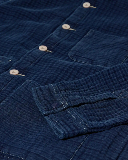 close up of details on the Mos Mosh Dobby Indigo Jacket Blue corduroy jacket with buttons
