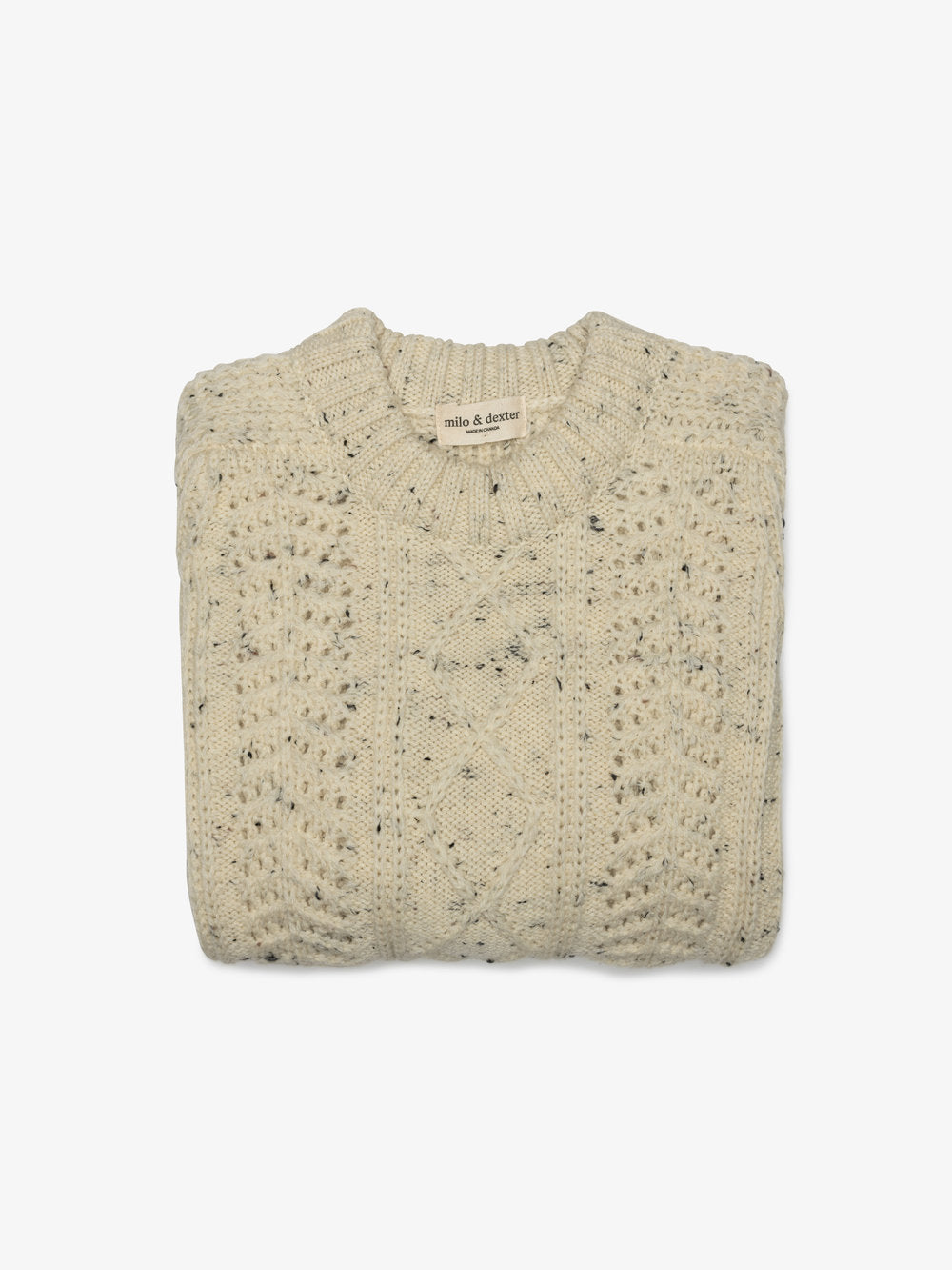 Milo & Dexter - FW24 - Hand Knit Wool Classic Sweater in Natural Peppered - on display folded 2 