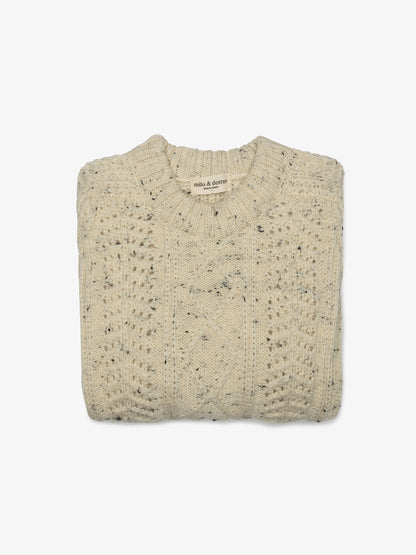 Milo & Dexter - FW24 - Hand Knit Wool Classic Sweater in Natural Peppered - on display folded 2 