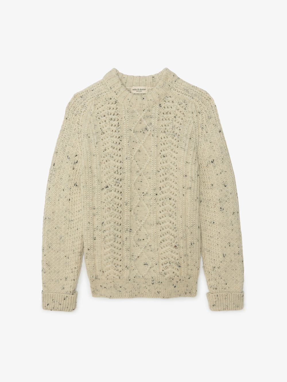 Milo & Dexter - FW24 - Hand Knit Wool Classic Sweater in Natural Peppered - on display front 1 