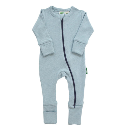 Light blue baby onesie with a zipper on a white background